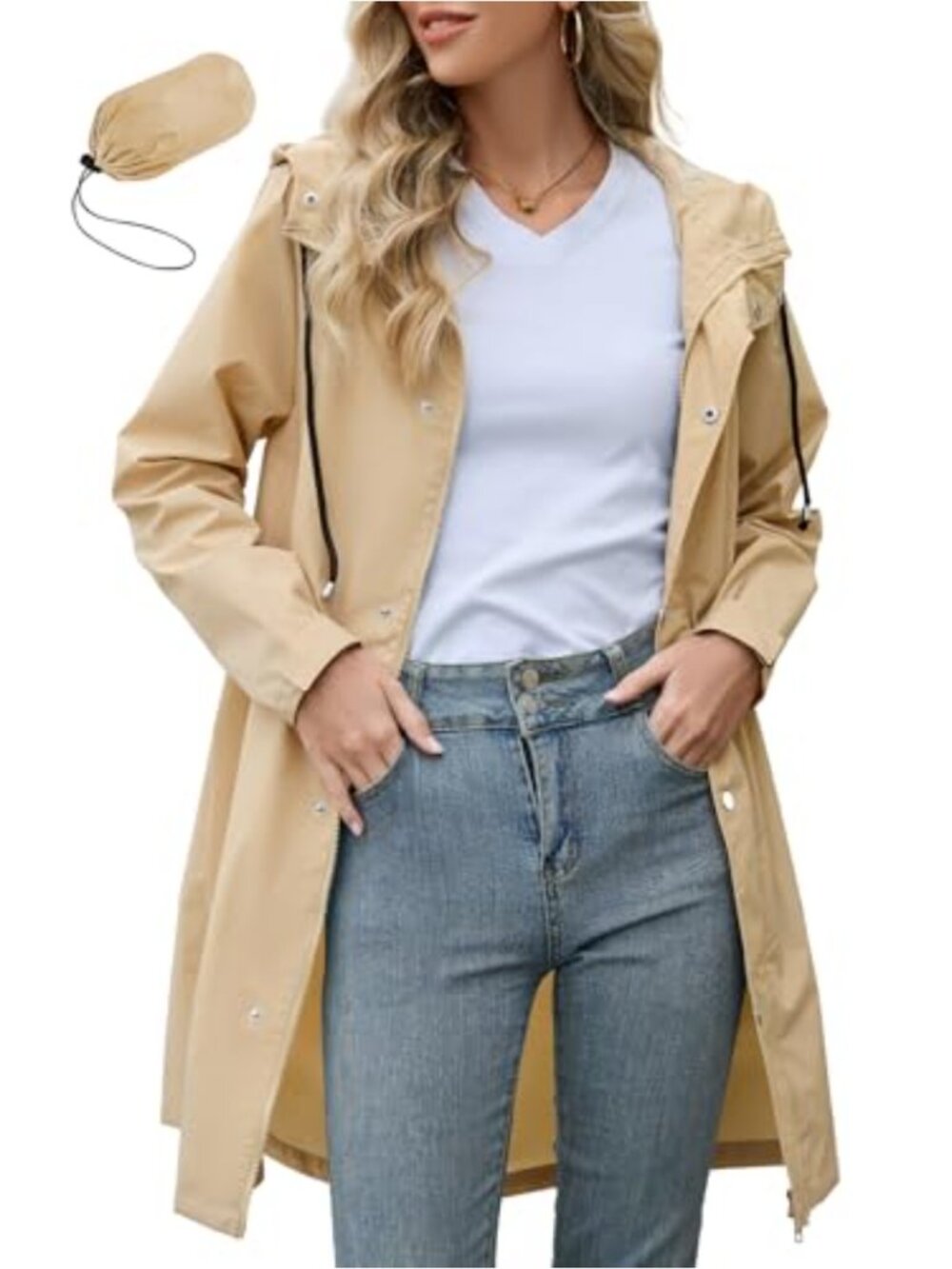 Women's Long Waterproof Hooded Rain Jacket Packable Trench Coat Windbreaker